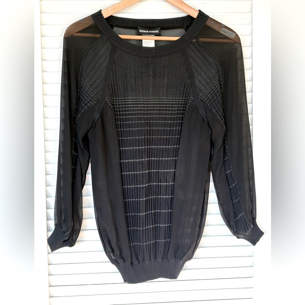 Gorgeous sheer silk top from Sonia Rykiel. Cotton knit front, cuffs and trim. Sm